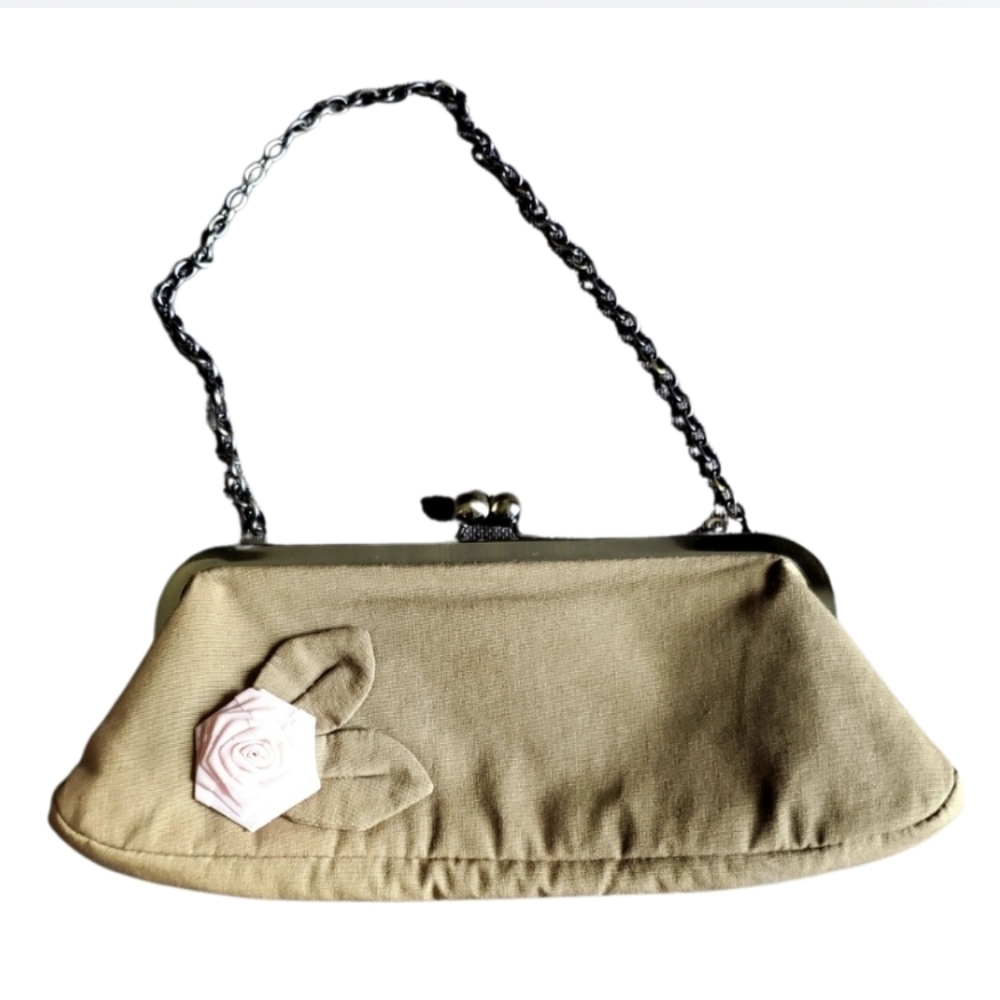 American Eagle Clutch Taupe 100% Cotton Purse Pink Rose Chain Strap Bag Y2K